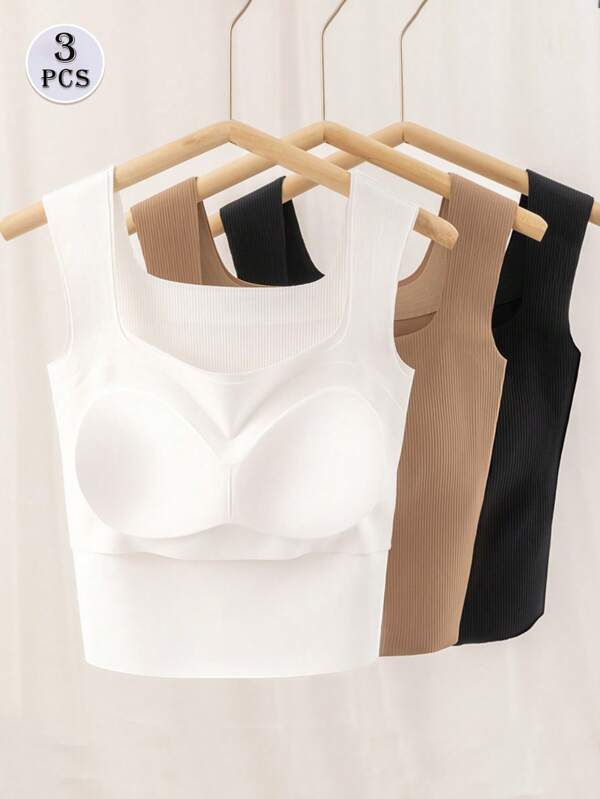 3pcs Women's Solid Color Square Neck Casual Fitting Tank Top