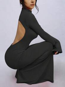Damen Einfarbiges Kleid mit Rückenausschnitt, Stehkragen und Fischschwanzsaum