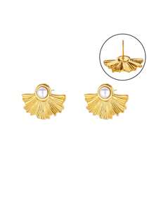 1 Par de Pendientes tipo botón con hojas de ginkgo de lujo para mujeres, de color dorado, con perlas falsas de acero inoxidable. Joyas de moda para boda, nuevo diseño 2025, regalo