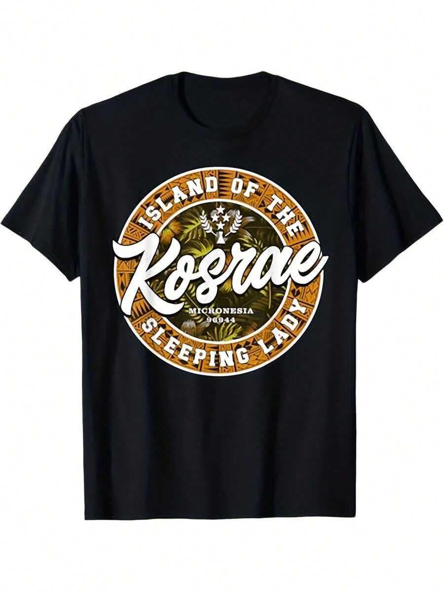 % Cotton Men's Micronesia Kosrae Island Pattern-Shirt - Black Casual Round Neck Short Sleeve-Shirt With Kosrae Island Design, Summer Outings And Casual Wear|Playful Design|Bold Graphic-Shirt - Black - View 1