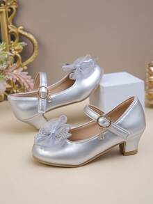 1 Pair Girls Aesthetic Dreamy Low Heel Round Toe Princess Shoes Dance Shoes Comfortable Small Leather Shoes Suitable For Banquets And Parties Multi-Functional Essential. - Silver - View 3