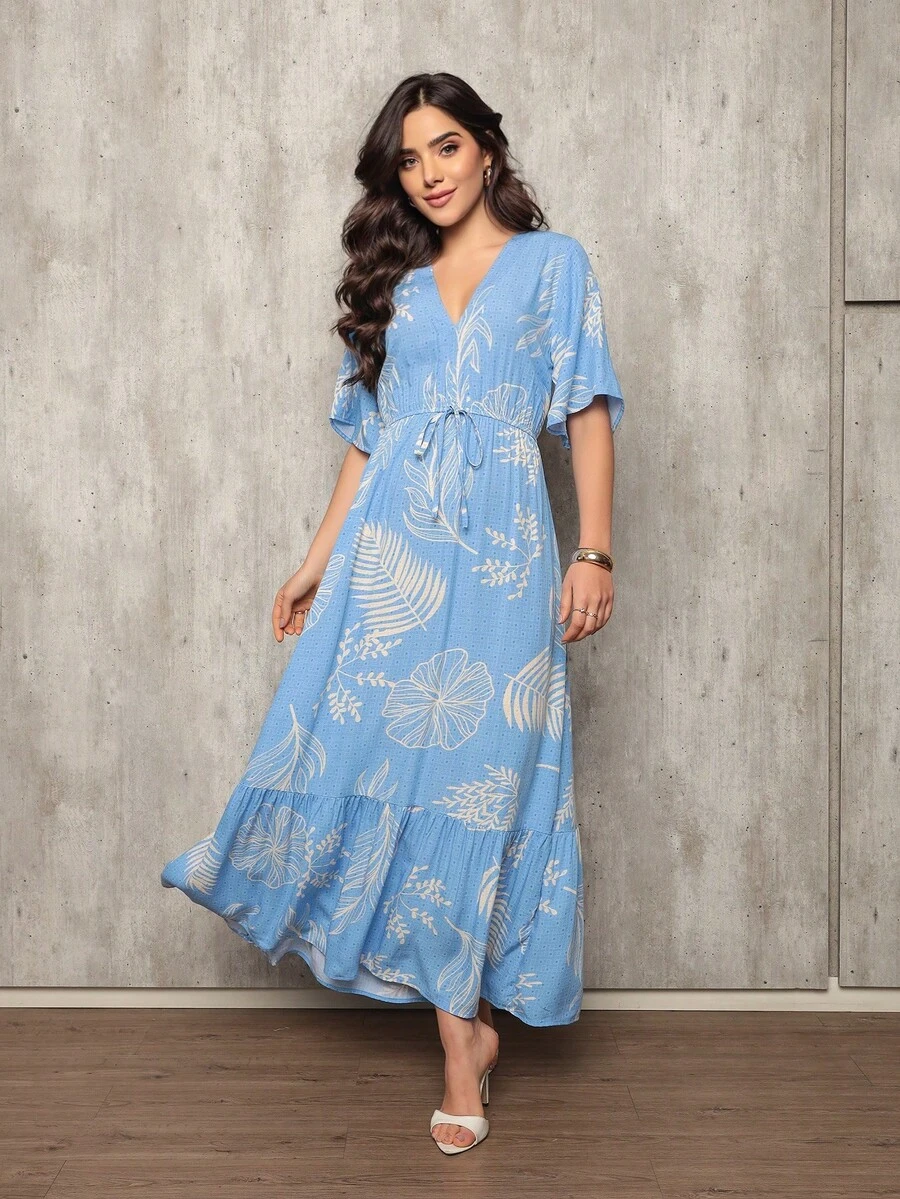 Women's Long Dress In Viscose Fabric With Floral Inspiration F. A. R… M - Blue - View 1