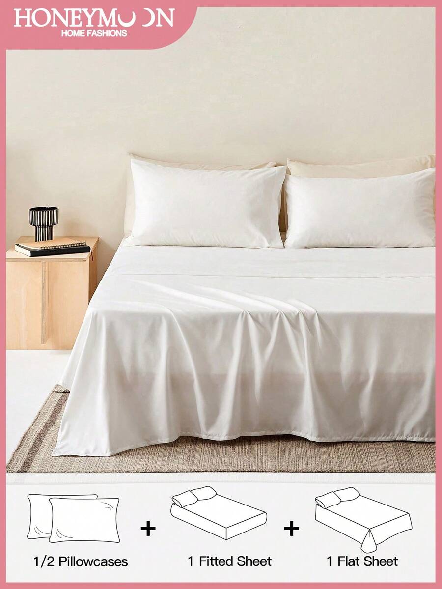 3/4pcs Extra Deep Pocket 14-Inch Bed Sheets & Pillowcases Set, Flat Sheet*1 Fitted Sheet*1 Pillowcase*1/2, Cooling Polyester Sheets For Hot Sleepers, Luxury Hotel Quality, Shrink-Resistant, Machine Washable, All Season - White - View 1