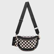 Women's Punk Style Studded Decor Bum Bag, Fashion Colorblock Checked Pattern Crossbody Bag For Daily Used, Casual Versatile High-Quality Daily Commuting Bag - 黑色 - 查看 3