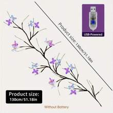 1pack 1.3m/51.18inch 30 LED Charming Willow Vine Branch Lights With Blue And Purple Butterfly USB Powered For Home Table Wall Holiday Indoor Party Wedding Patio Living Room Decoration