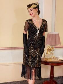 20世纪20年代的轻佻女郎连衣裙，《了不起的盖茨比》咆哮的20年代女性连衣裙，透明串珠袖子服装 - 金色 - 查看 9