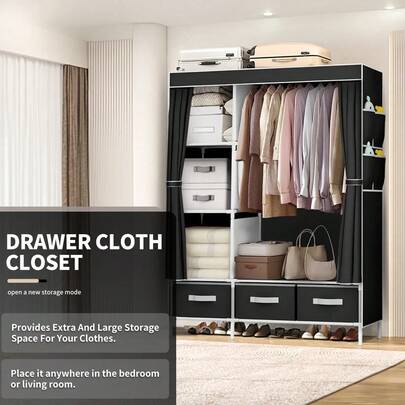 Portable Closet,Portable Wardrobe With 3 Drawer And 4 Storage Shelves And Side Pocket For Clothes Storage Organizer,For Home Room Dormitory Storage,Christmas Gift