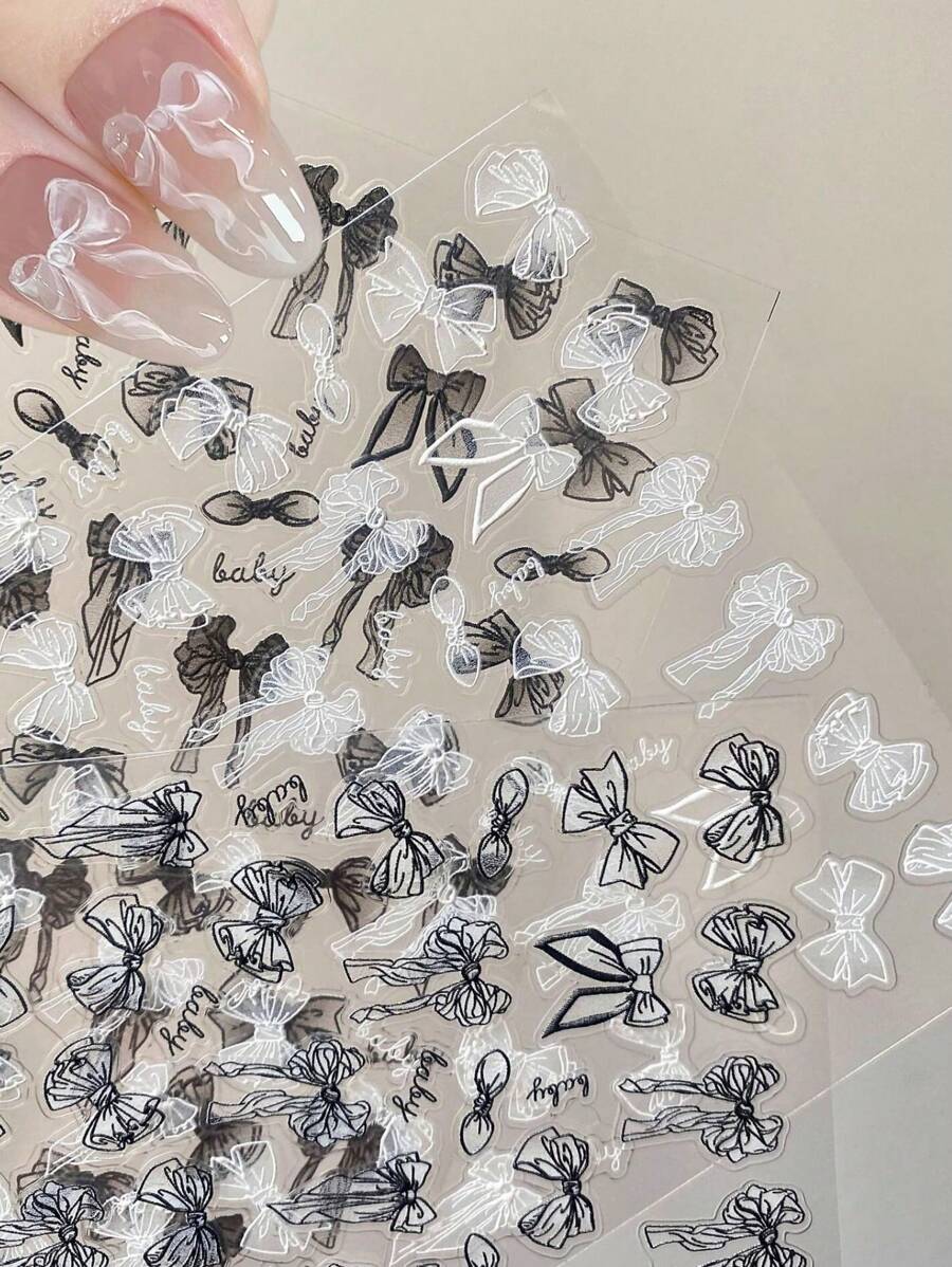 1/3pcs New Japanese Hand-Painted Ribbon Black And White Bow Nail Art Lace Waterproof Retro Black Bow Versatile French Nail Art, Used For Nail Decoration Nail Art Stickers With Self-Adhesive Backing