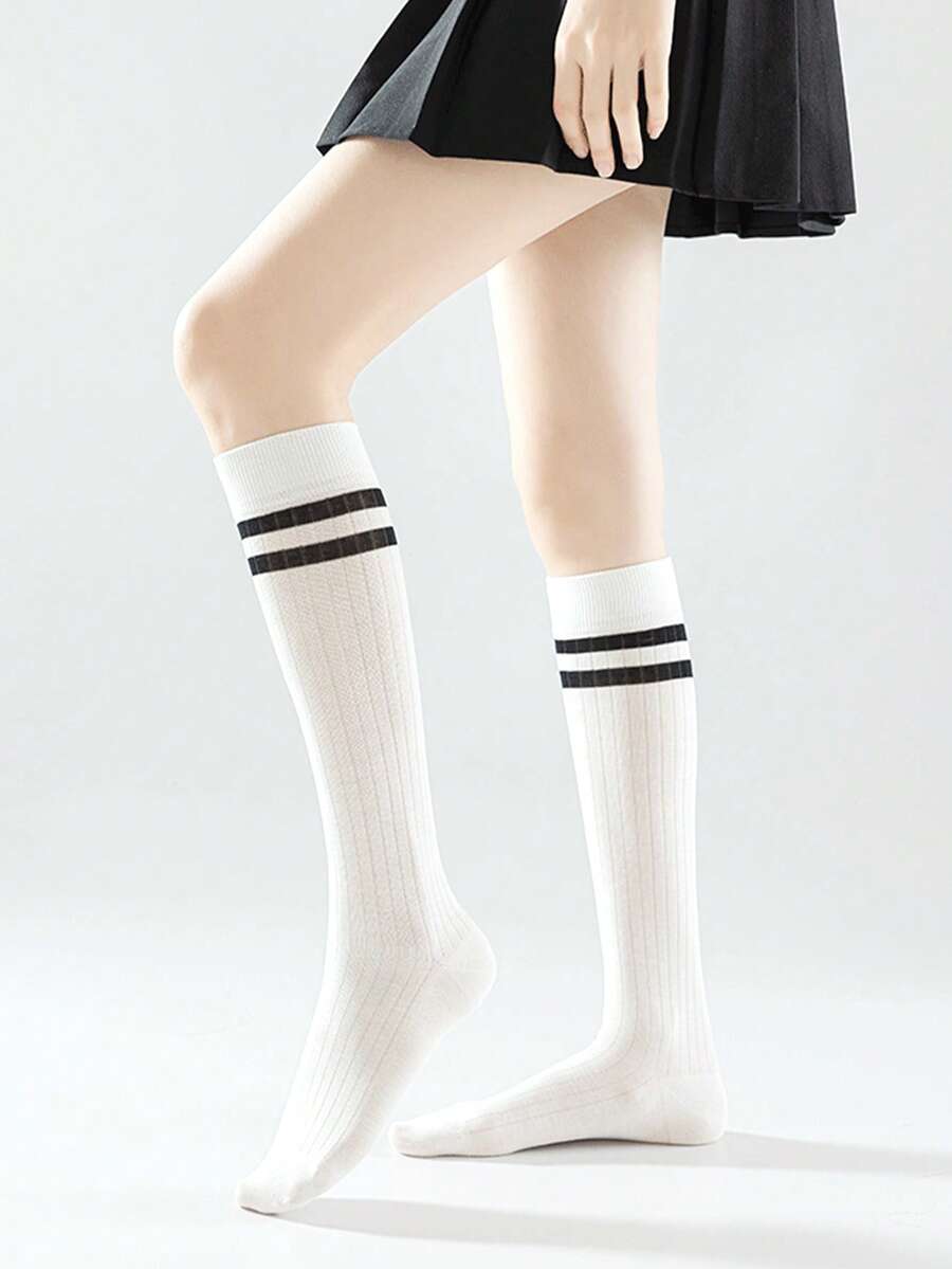 1 Pair Women Striped Thick Knee High Socks, Popular Style For Autumn/Winter, Y2k, Cozy - Multicolor - View 1