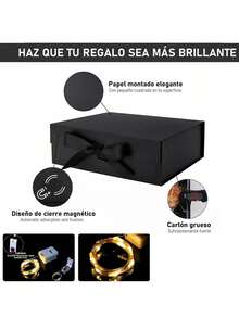 Caja rectangular con tapa magnética, luces y cierre de lazo para festivales, fiestas, regalos de cumpleaños, caja para pedida de mano, bodas, Navidad, Halloween, embalaje de regalos de cumpleaños - Negro - Ver 8