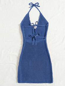 Women's Sexy Backless Knit Halter Crop Top And Bodycon Mini Dress, Cooling And Alluring Summer Outfit - Blue - View 6