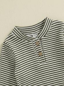 Ropa de otoño-invierno para bebé recién nacido, niño y niña, mono acanalado de manga larga a rayas y pantalones largos con cintura elástica, 2 piezas, conjuntos casuales unisex para bebé - Verde militar - Ver 4