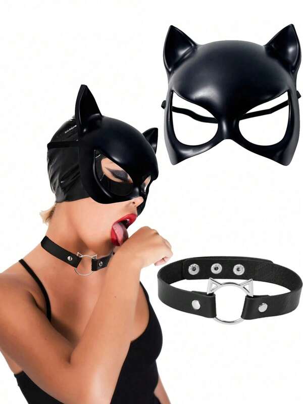 2Pcs Black Catwoman Mask Cat Ear Leather Collar Cat Face Mask Cosplay Mask Stage Mask Costume Propscatwoman,Cat Costume,Cat Woman Costume,Costumes For Woman,Mask Cat