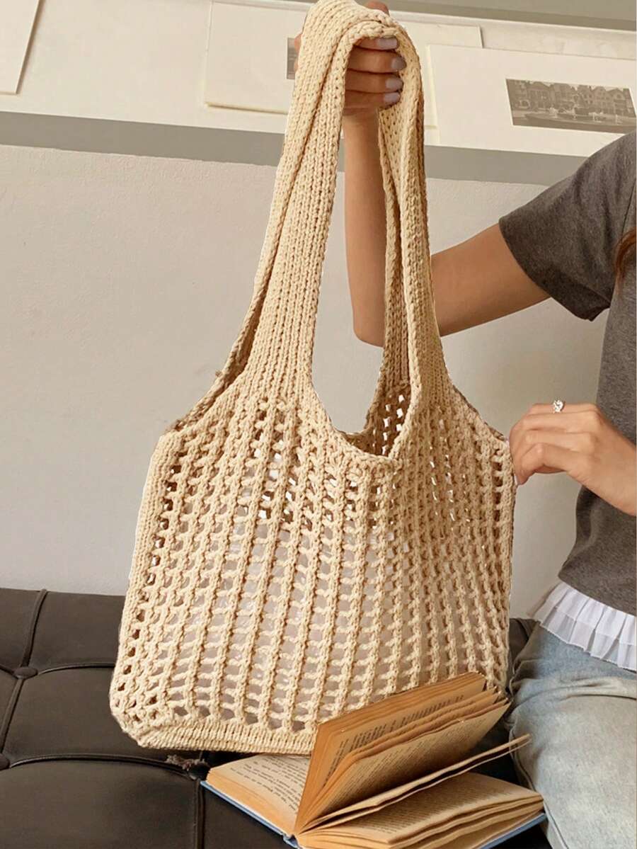 Yogodlns 轻便休闲镂空编织购物手提袋，大容量手提包，适合旅行、户外活动和上学。多功能厨房收纳网袋，适合海滩度假或轻松携带，母亲节礼物，夏季度假包，度假必备，完美搭配女士沙滩配饰，最热门的女士沙滩包。 - 卡其色 - 查看 1