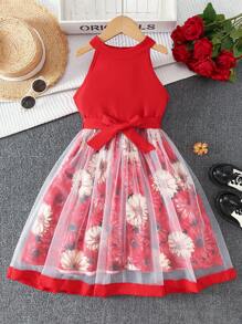 Girls Mesh Splicing Halter Neck Waist Tie Print Dress, Tweens