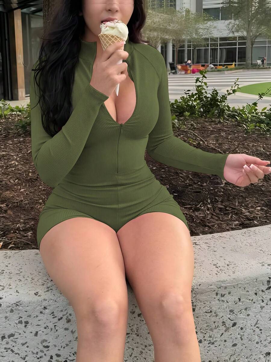 Sexy Slim Fit Long Sleeve Short Zip-Up Jumpsuit For Sports & Fitness