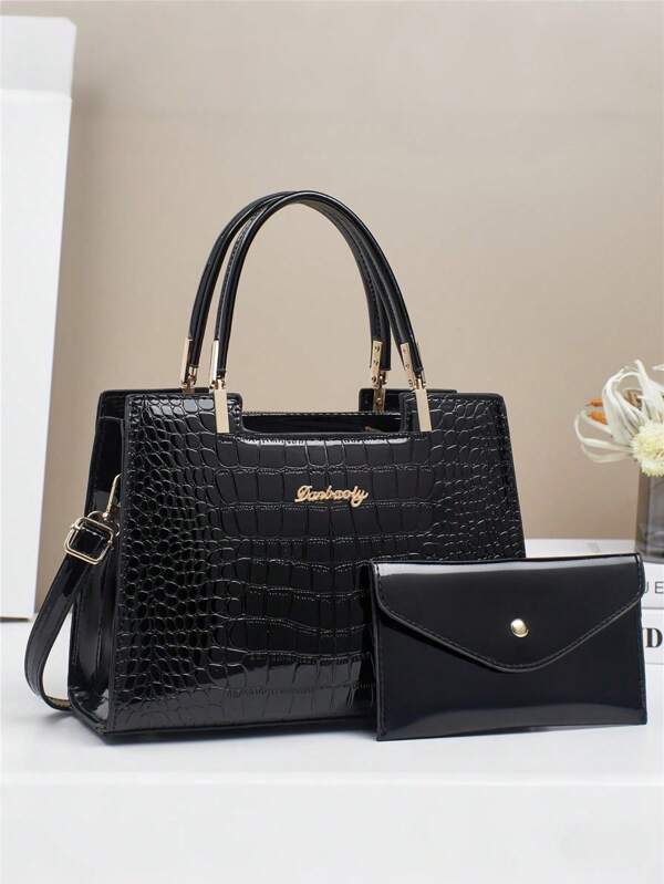 2-Piece Set Stone Pattern Print Shiny Zipper Tote Bag Women's Fashion Handbag Large Capacity Shoulder Bag With Coin Purse