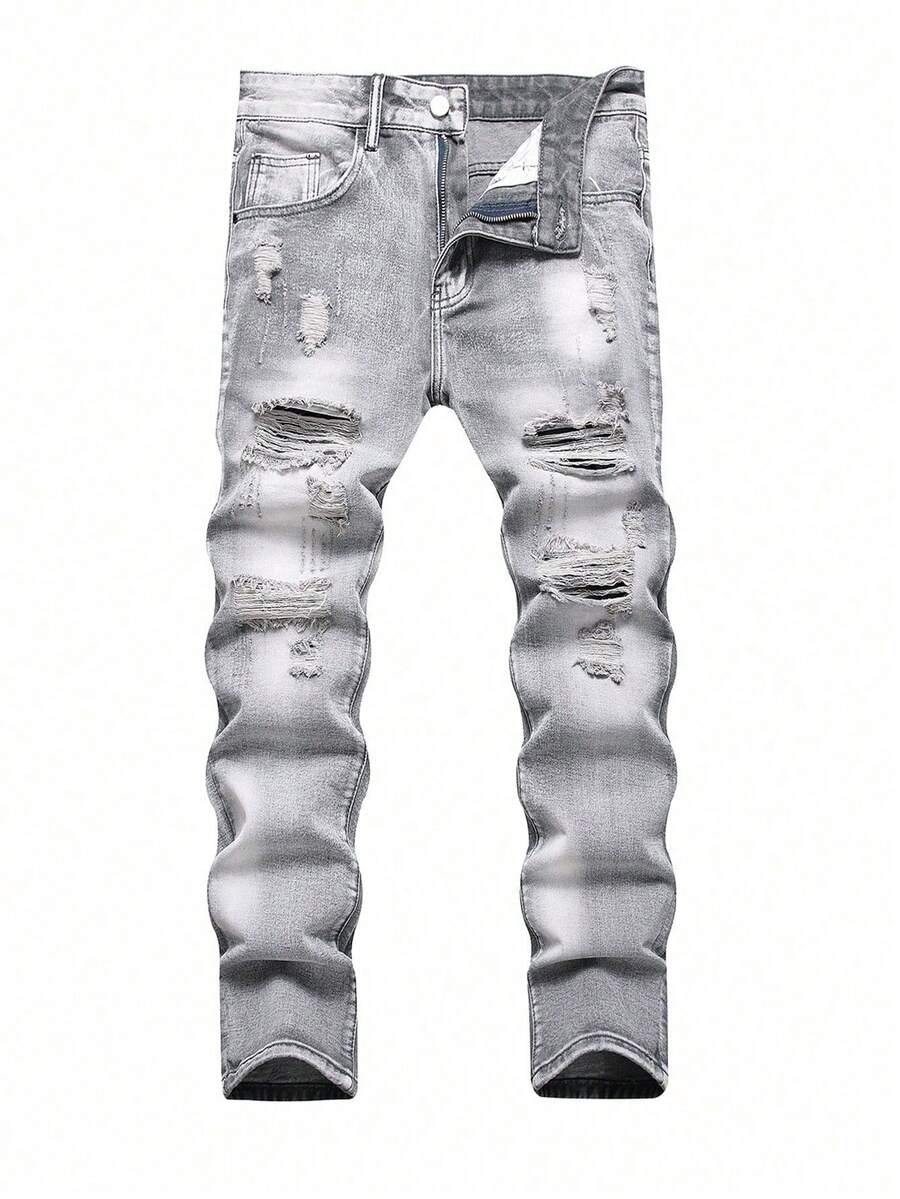 European And American Teenage Gray Men's Perforated Casual Style Slim Fit Straight Leg Denim Pants - 灰色 - 查看 1