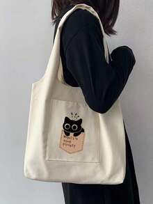 1pc Women's Beige Canvas Tote Bag With Black Cat Print, Shopping Shoulder Bag