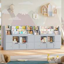 Móveis para arrumar brinquedos, organizador de brinquedos, suporte Montessori, suporte para arrumar brinquedos e livros, caixa para arrumar brinquedos, 4 portas, 2 gavetas com rodas, 122x30x100cm - Cinza - Ver 9