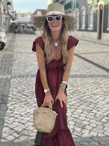 Vestido largo elegante de manga de vuelo con diseño elegante, vestido de verano cómodo y sencillo de unicolor para vacaciones, vestido casual de moda rojo para mujer