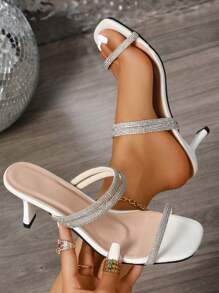 Women's Champagne Stiletto Sandals, New Summer High Heel Rhinestone Sandals, Goddess Style Sexy Slip-On High Heel Sandals