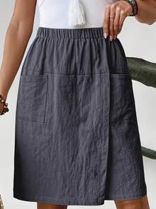 女士纯色松紧腰休闲宽松短裤，带口袋 - 深灰色 - 查看 2