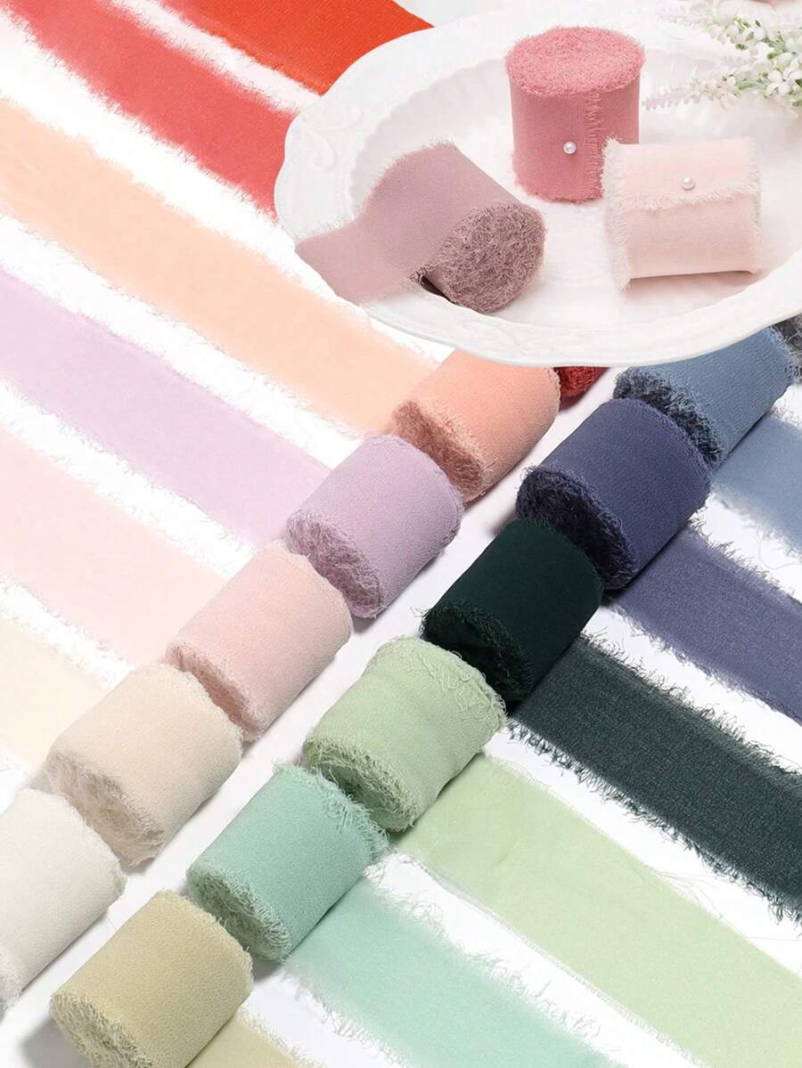 1/3/9 卷手工雪纺丝带流苏 1.5 英寸 X 5.5 码磨边丝带,适用于婚礼请柬、新娘花束、礼品包装、蝴蝶结制作、工艺品、派对装饰 - 彩色 - 查看 1