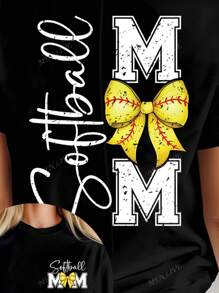Plus Size Mother's Day Butterfly & "Softball MAMA" Graphic Tee, Women's Black Short Sleeve Round Neck T-Shirt, Casual Everyday Wear For Summer