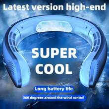 1pc New Intelligent Sliding Speed Adjustable Neck Fan With Type-C Charging, Long-Lasting Battery, LED Display, Bladeless Portable USB Mini Fan For Outdoor, Student, Home, Office, Travel, Fishing - Silent High Airflow