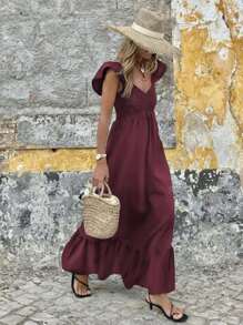 Vestido largo elegante de manga de vuelo con diseño elegante, vestido de verano cómodo y sencillo de unicolor para vacaciones, vestido casual de moda rojo para mujer
