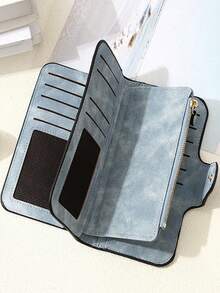 New Fashionable Women 3-Fold Snap Long Wallet Korean Style Matte Multi-Function Large Capacity Card Holder & Coin Purse For Women Wallet Purse Wallet Wallet Keychain Wristlet Wallet - Blue - View 5