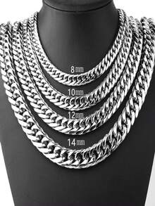 8/10/12/14mm 男士钛钢不锈钢双扣六角抛光龙头扣镜面抛光手链项链粗链，适合男女街头嘻哈饰品项链 - 銀色 - 查看 11