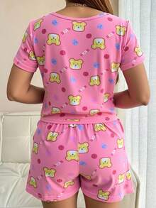 Set de pijama 3 piezas para mujer con pantalón largo, short y blusa crop, estampados variados, ropa ligera para dormir o casa, ideal para verano - Rosa Fucsia - Ver 3