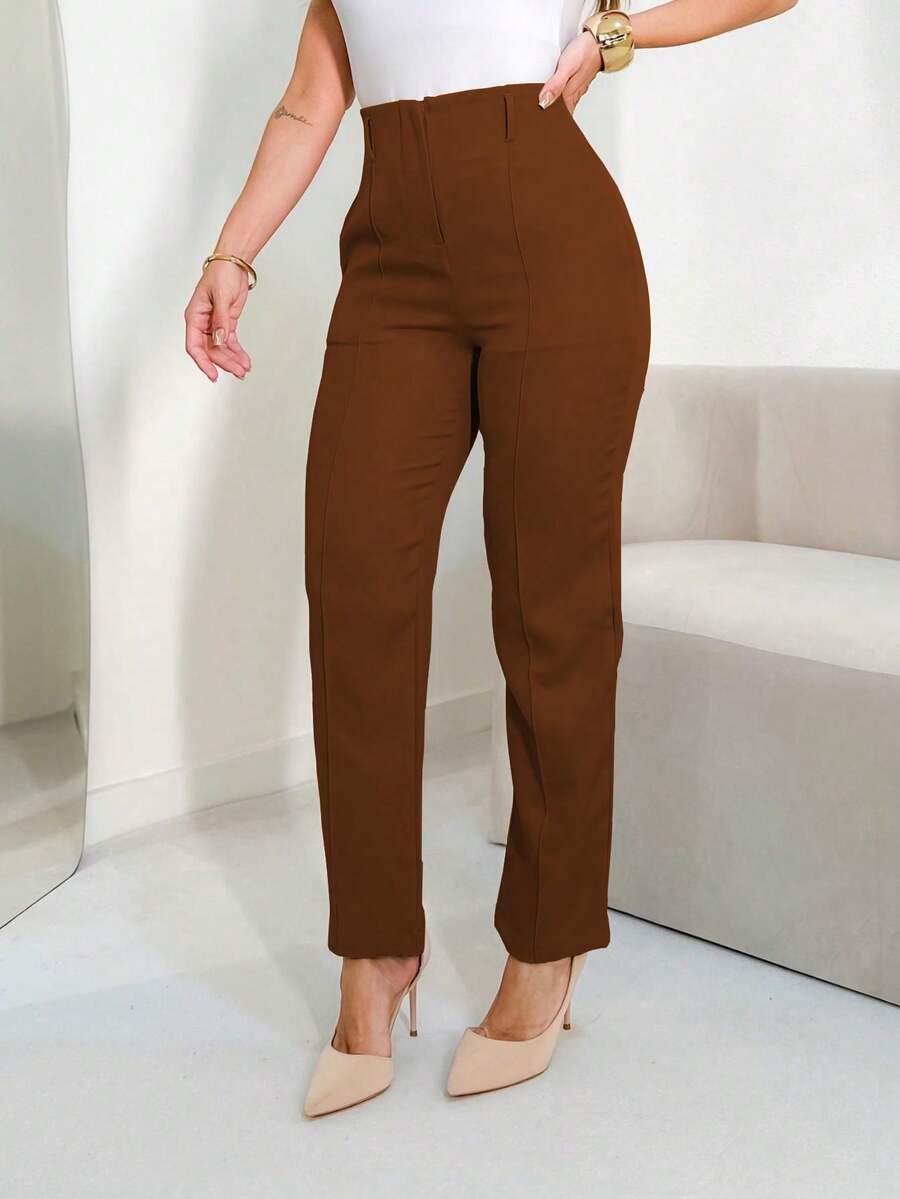 MODA MO, REF: 3283 Women's Tailored Trousers, High Waist, With Pockets, Formal, Modern, Elegant, New Collection, Style, Comfortable, Quality Fabric, Sophisticated Look, Versatile, Casual, For Work, Occasional, Women's Fashion Piece, Contemporary Style, Available For Purchase Across The Country - Màu nâu Sô-cô-la - Xem 1