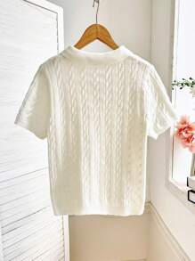 Spring/Summer New White Polo Collar Twisted Flower Short Sleeve Knitted T-Shirt For Women, Slim Fit Button Half Open Casual Commuter Style Top