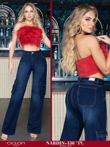 Pantalón Ciclon Jeans Nardin De Mezclilla Azul, Jeans Cargo, Jeans wide leg, Tiro Alto, Reduce el Abdomen, Jeans Clásicos, jeans mujer, mezclilla stretch, Casual Uso Diario, Pantalones jeans anchos de cintura alta azul, con múltiples bolsillos, estilo militar - trendy y prácticos, Vaqueros con bolsas, Jeans de mezclilla de pierna ancha recta de diseño simple con cintura alta para mujeres a la moda, Pantalones de moda, Pantalones largos, Pantalones amplios,  Jeans De Carga De Bolsillo Con Solapa De Cintura Alta Y Costado - Azul - Ver 6