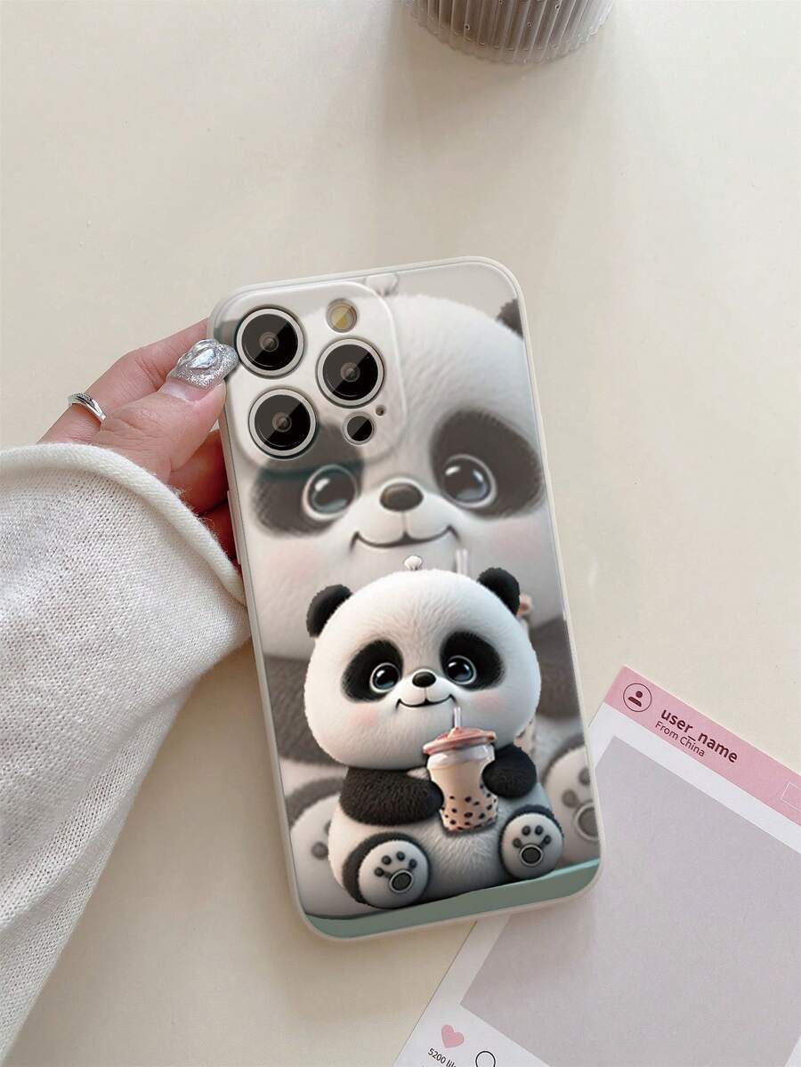1pc Cute Cartoon Milk Tea Panda Pattern Beige Frosted Anti-Fall Precision Hole Protective Phone Case Compatible With IPhone 16/16E, Redmi, Infinix, Vivo Waterproof Shockproof Scratch Resistant - Beige - View 1