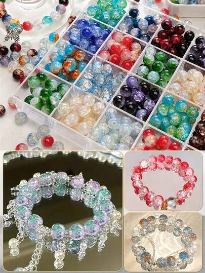 闪亮裂纹玻璃珠，破裂效果，尺寸为 10 毫米/0.39 英寸和 8 毫米/0.31 英寸。多色圆形珠子，用于 DIY 珠宝、手链、项链、耳环和手工艺品制作。