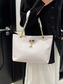 时尚复古大容量鳄鱼纹女士托特包，适合购物、钱包、逛街、年轻女士、大学生、新人、白领。非常适合办公室、大学、工作、商务、通勤、户外活动、旅行和野餐 - 白色 - 查看 4