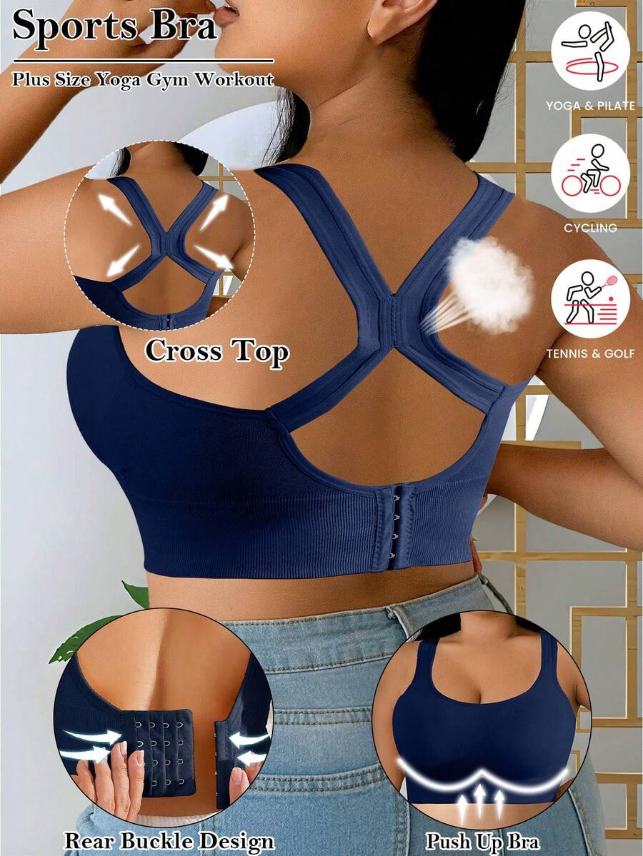 女士加大码运动文胸，后背闭合，高强度健身运动交叉上衣，透气内衣，健身房聚拢文胸，无缝跑步健身内衣