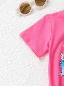 Set de 6 piezas: Conjuntos de camisetas para niñas, con estilo y lindas, de tela suave, transpirable y cómoda con estampado de dibujos animados, camiseta de cuello redondo y manga corta, y pantalones cortos deportivos decorados con lazos, adecuados para casual, diario, vacaciones y fiesta