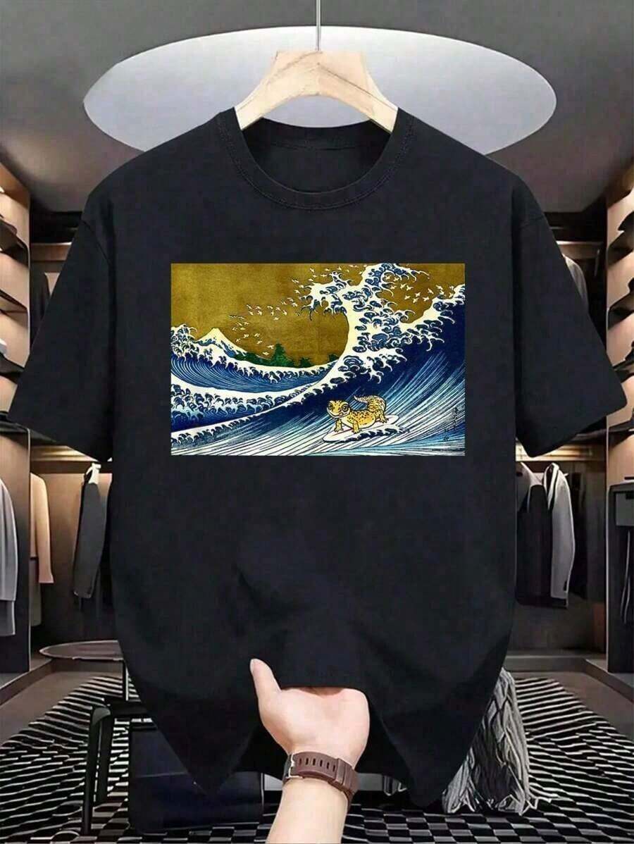 Camiseta de 100% algodón para amantes de los geckos leopardo surfistas, camisetas gráficas para verano, camisetas para hombre para primavera y verano. Nueva camiseta casual de verano, transpirable y de moda para vacaciones y compras. Camiseta de algodón 100% impresa cómoda y casual para hombres. - Negro - Ver 1