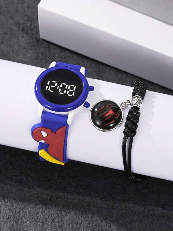 Disney 1pc Disney Boys/Girls Cartoon Spider LED Round Digital Watch & 1pc Metal Spider Bracelet, Suitable For Daily Wear And Gift