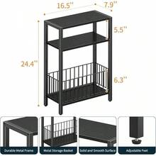 Narrow Side Table With Storage Basket, Small End Table For Small Spaces Skinny Side Tables Living Room Bedroom, Slim Nightstand 3 Tier Bedside Table Space-Saving For Magazine, Rustic Brown