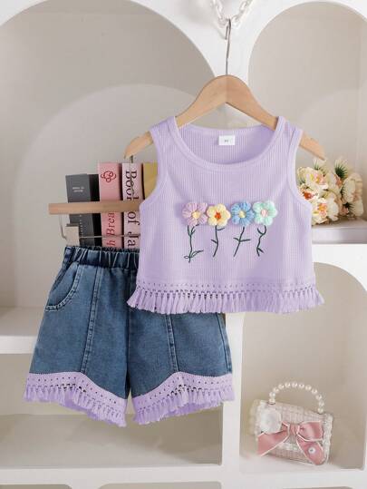 2pcs/Set Young Girl Sweet Floral Embroidery Waffle Vest Top With Tassel Trim & Tassel Trim Shorts, Suitable For Summer Outings, Vacation, Daily Wear, School, Gatherings