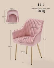 Sedia da Pranzo, Sedia da Cucina, Poltrona in Velluto Imbottita con Braccioli, Regge 120 kg, Gambe in Metallo, per Sala da Pranzo, Cucina,  Rosa Pastello e Dorato Pallido - Rosa - Visualizzare 7