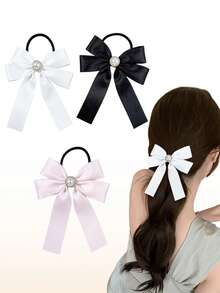 3pcs Girls Bows Hair Scrunchies Pearl Elastic Hair Ties No Damage Ponytail Hair Ties Hair Accessories - Multicolor - View 2