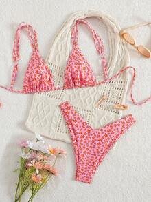Women's 2pcs/Set Summer Ditsy Floral Bikini Set With Ruffles, Countryside Style Beach Swimsuit And Bottoms - Multicolor - View 2