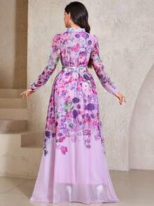 Women's Elegant Floral Print Random Hem Lantern Sleeve Arabic Style Midi Dress - Purple - View 2